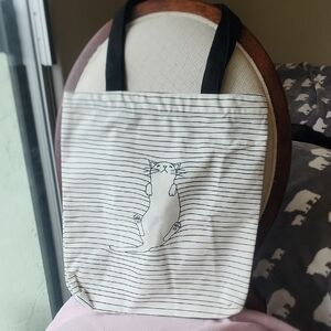 Striped Cat Tote Bag, Zipper Opening, Inside Pocket